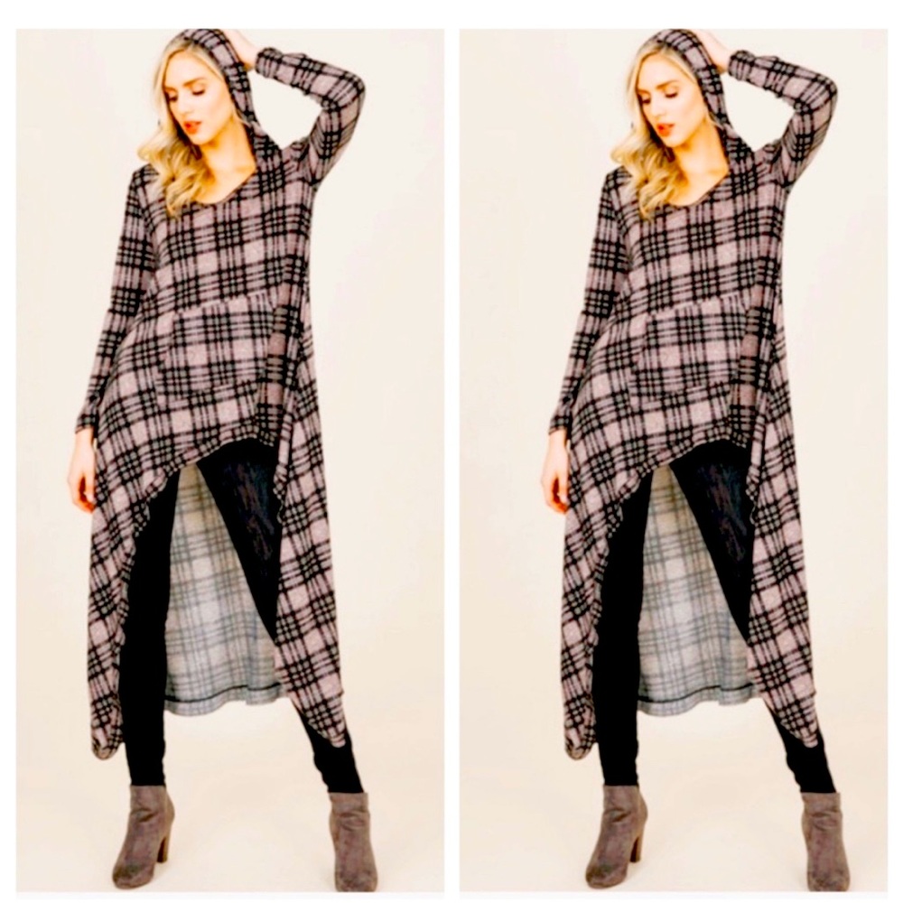 Hooded long plaid hi lo asymmetrical stretchy hooded maxi dress S grunge boho